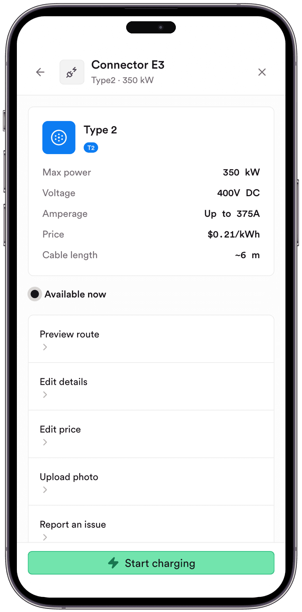 Smartphone showing an easyplug connector page with Type 2, 350 kW, price, and a Start charging button.