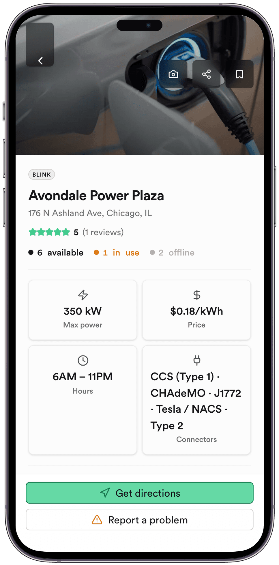 Smartphone showing an easyplug station page with 350 kW max power, €0.18/kWh, and Get directions.