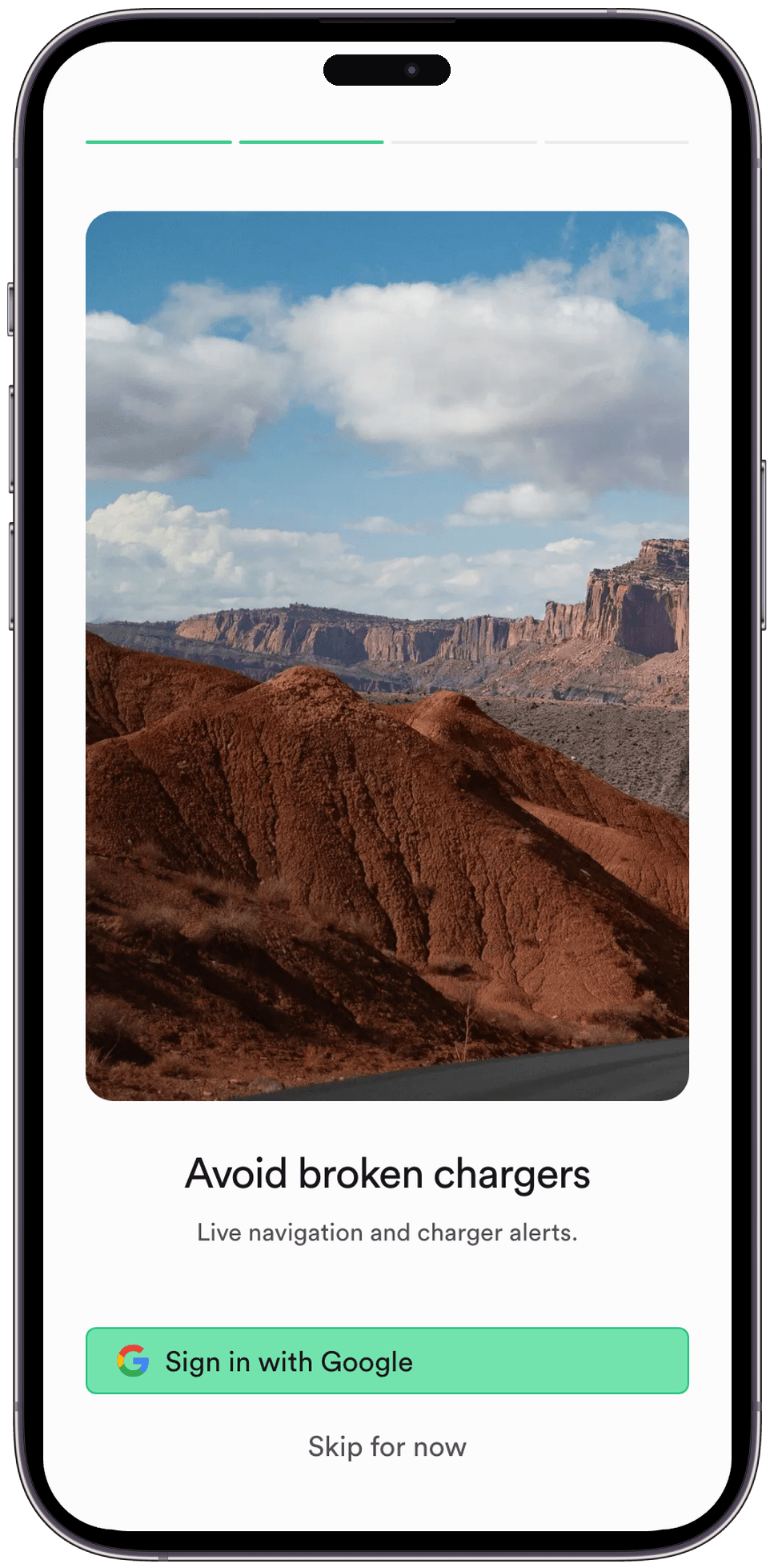 Smartphone showing the easyplug onboarding screen Avoid broken chargers with live navigation and charger alerts.