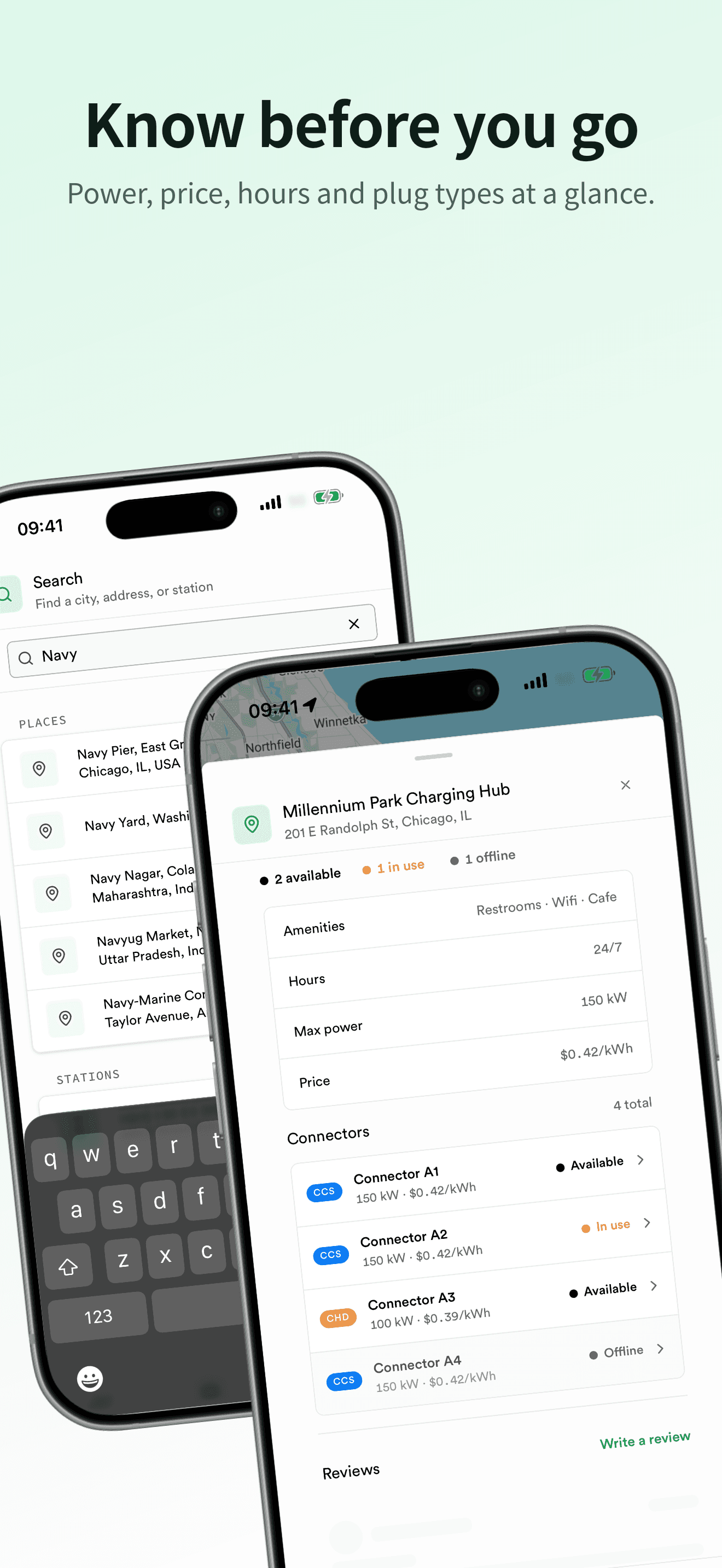 Know before you go: a station page showing connector availability, amenities, opening hours, max power, and price per kWh.