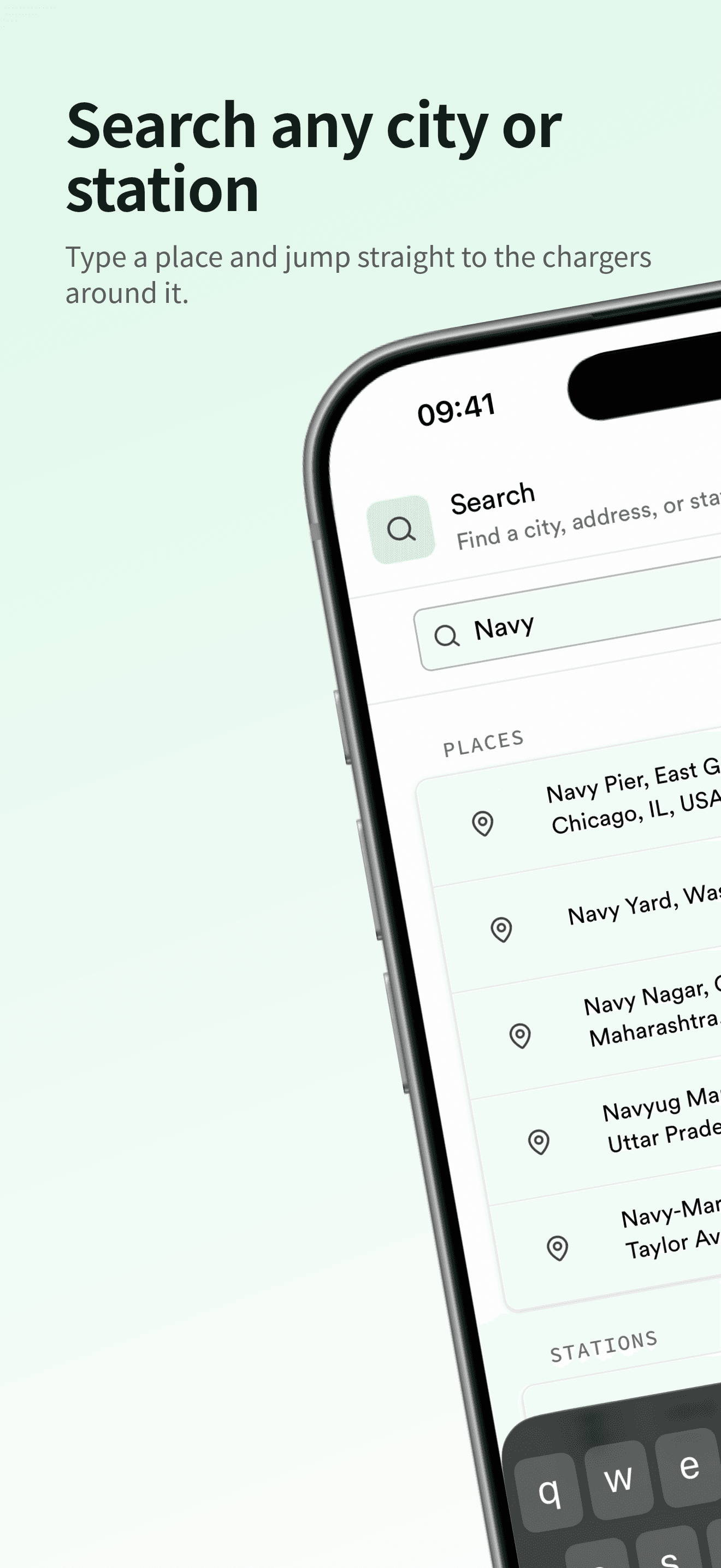 Search any city or station: typing a place name and seeing matching places and stations around it.